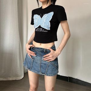 T-shirts femme 2023 été mode Sexy épicé fille nombril ouvert manches courtes papillon brodé T-shirt haut tendance