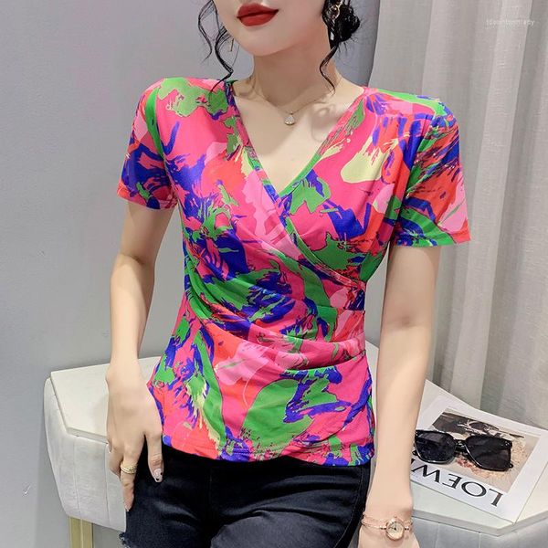 T-shirts pour femmes 2023 Vêtements d'été coréens T-shirt Chic Sexy col en V Cross Color Blocking Print Women Tops Short Sleeve All Match Tees 32188