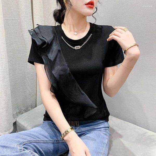 T-shirts Femmes 2023 Summer Korean Vêtements Coton T-shirt Chic Sexy O-Cou Chaîne Volants Femmes Manches Courtes Tops Casual Tous Match Tees