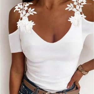 Damen T-Shirts 2023 Sommer Spitze Blütenblatt Kurzarm Einfarbig Damen T-Shirt Frauen Oversize Schulterfrei V-Ausschnitt Slim Casual Tops Tee