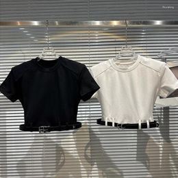 T-shirt à manches courtes pour femmes, Style Niche, ourlet avec ceinture en métal, épaulettes, petit T-shirt d'été 2023