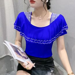 Vrouwen T-shirts 2023 Zomer Korte Mouwen Fashion Casual Ruches Diamond Mesh Tops M-3XL Blusas Kleding