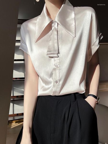 T-shirts femme 2023 été à manches courtes col papillon boucle T-shirt Polyester Fiber Satin chemise haut de gamme haut tendance
