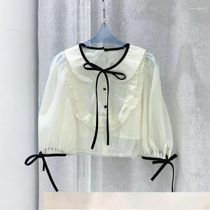 T-shirts voor dames 2023 Zomer Lief en modieus Doll Neck Lace Up Bow Tie Bubble Sleeve Shirt Chiffon