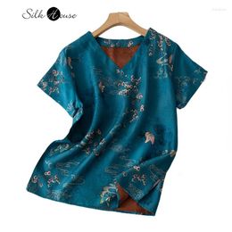 T-shirts Femmes 2023 Été Top Bleu Papillon Amour Fleur Rouge Nuage Fil Perforé Soie Florale Parfumée Chemise À Col En V Pour Les Femmes