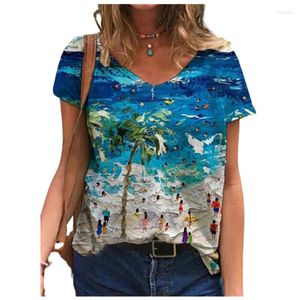 T-shirts pour femmes 2023 été femmes 3D bateau impression chemise dames mode décontractée à manches courtes col en V lâche haut de rue