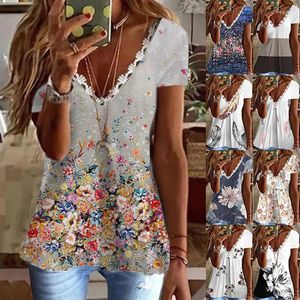 Dames T-shirts 2023 Zomer Women Fashion Feather Print Faux V-Neck Short Sleeve Top Lace T-shirt