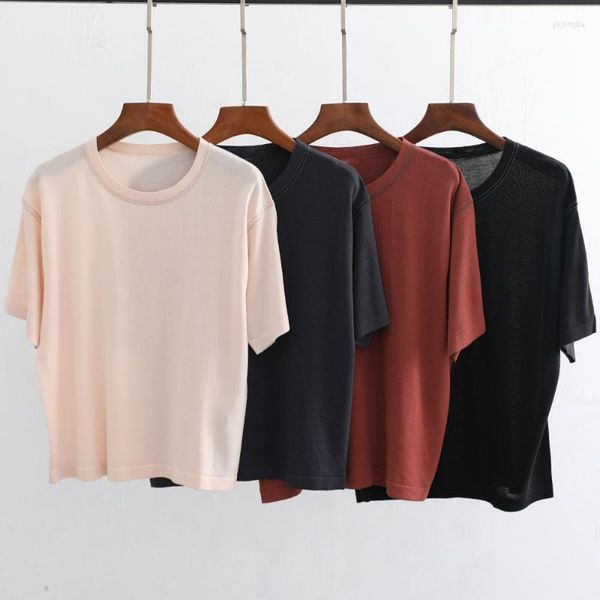 Camisetas de mujer, verano 2023, para mujer, industria pesada, cadena de cuentas, trazo de seda, Modal, tejido en frío, cuello redondo, manga corta