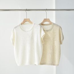 T-shirts pour femmes 2023 été femmes col rond goutte épaule manches perle chaîne couture lin tricoté T-shirt