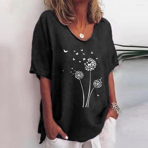 T-shirts pour femmes 2023 femmes coton lin Floral solide T-Shirt dames décontracté été col en v pull à manches courtes tunique hauts pour