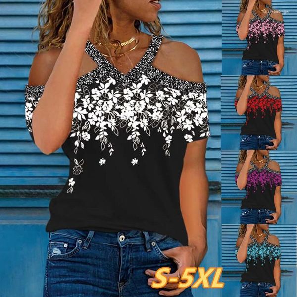 T-shirts pour femmes 2023 femmes mode à manches courtes fleur imprimé T-shirt style décontracté doux et confortable col en v sans bretelles hauts d'été