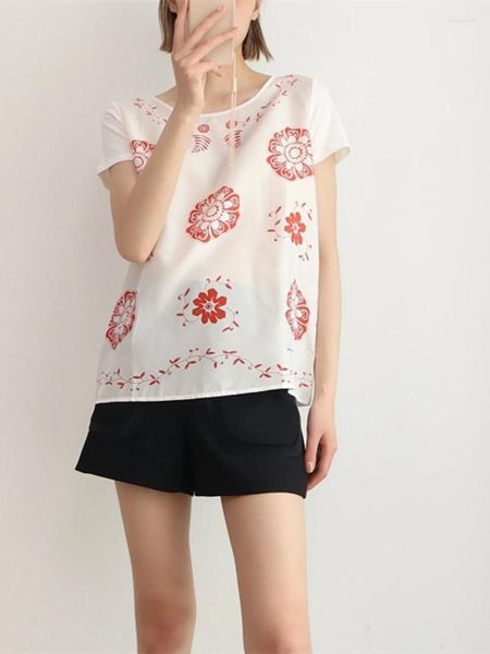 Camisetas de mujer 2023, camiseta de seda con estampado Retro para mujer, camiseta de manga corta holgada a la moda de verano para mujer, Tops