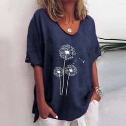 T-shirt da donna 2023 T-shirt floreale in lino di cotone da donna Young Ladies Casual Summer con scollo a V Pullover manica corta Tunica Top per donna Donna