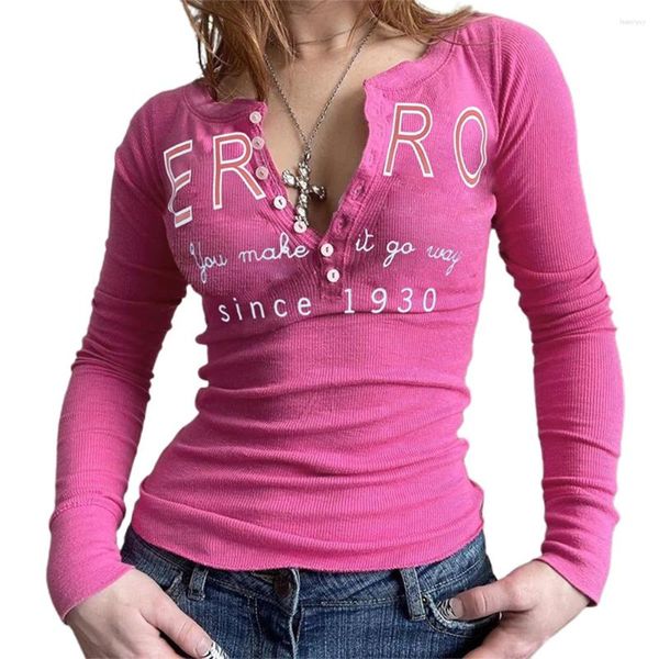 Camisetas para mujer 2023 Y2K Fairy Grunge Tops de manga larga Estética Slim Fit Blusa 90S Impresión de letras Botón frontal Camiseta Ropa de otoño
