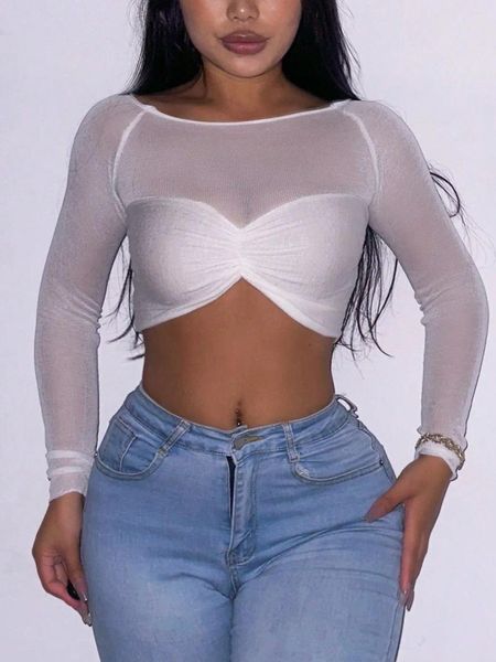 Camisetas para mujer 2024 Llegada Encaje blanco Ver a través de dulce Estilo corto O-cuello Manga completa Club sexy Cintura alta Mujeres Camisetas flacas