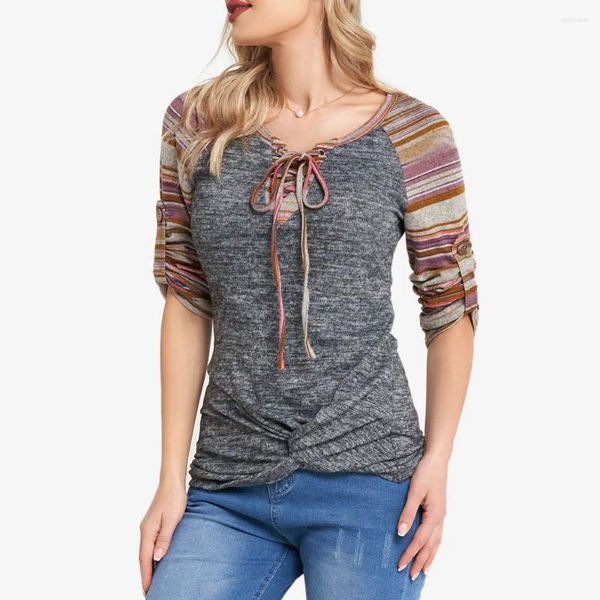 Camisetas para mujeres 2024 Autumn Style Ettnic Lace Up Raglan Manga Tops para mujeres Patrón de rayas tribales Twist bisitistas