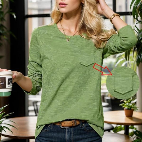 T-shirts pour femmes 2024 automne o cou 30% Coton Shirt Woman Fashion Mode à manches longues T-shirt Loose Europe