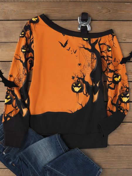 T-shirts Femmes 2024 Automne Hiver Halloween Citrouille Visage Un côté Chemisier à épaules froides Femmes élégantes Mode Vintage Manches longues