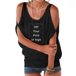 Camisetas de mujer 2024 Camisa de estampado personalizado para mujeres DIY TU Like PO o LOGO TOP Camiseta Femme Sexy Off Shoulder Batwing Lace Up Tops