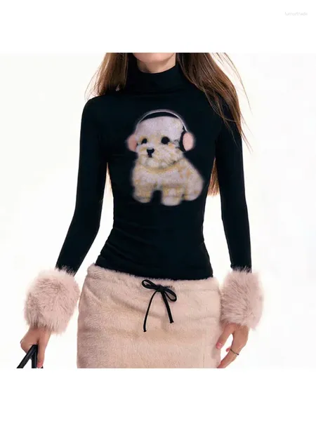 T-shirts Femmes 2024 Dark Korean Fashion Dog Imprimé Tops Y2K Mignon Fausse Fourrure Patchs Col Roulé Crop Gothic Skinny Femme T-shirt d'hiver