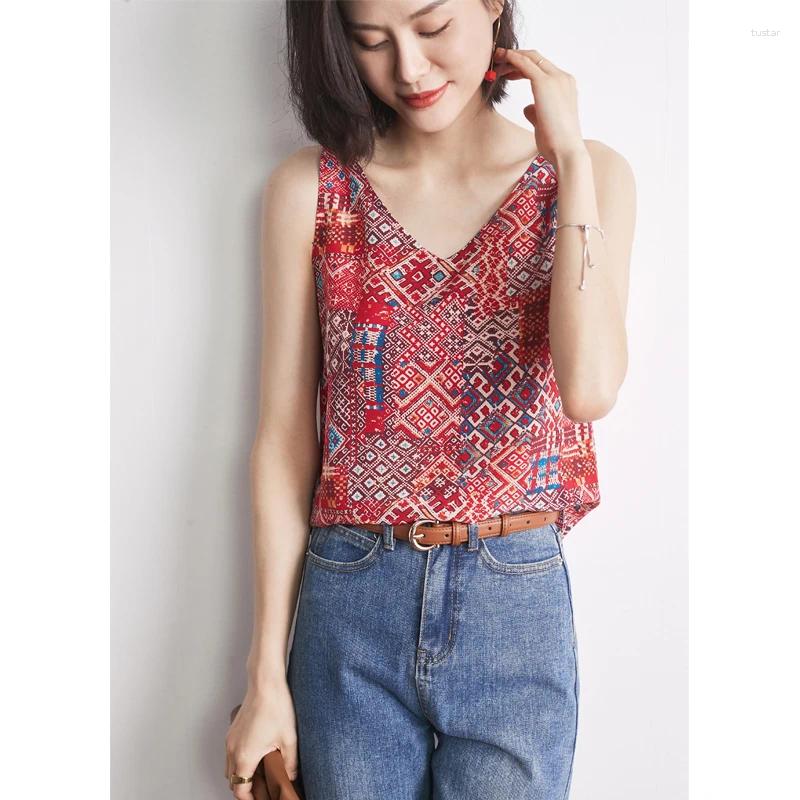 Women's T Shirts 2024 Double Crepe Printed Silk Camisole Vest For Women With Large V-neck And Mulberry Bottom Top In Summer