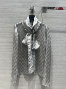 Dames t shirts 2024 vroege lente grijs geruite vlinder stropdas hoge kraag zijde losse lange mouwen shirt vrouwtop