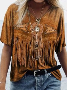 T-shirts Femmes 2024 Faux Gland Perles Col V T-shirt T-shirt Casual Manches Courtes Femmes Tops Mode Western Country Style Pull Y2K