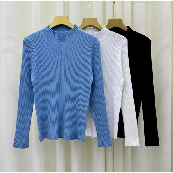 T-shirts pour femmes 2024 vêtements d'automne tricoté demi-col roulé chemise de couleur unie avec haut blanc bleu de style occidental