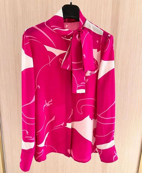 Camisetas para mujer 2024, marca de moda, camisa de diseñador de manga larga con estampado de leopardo rosa de seda para mujer