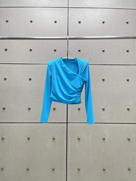 T-shirts pour femmes 2024 mode manches longues sexy décontracté bleu vif épaule rembourré haut plissé 1207