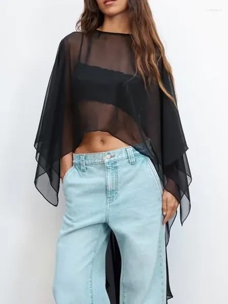 T-shirts Femmes 2024 Mode Femmes Asymétrique Tulle Cape Manteaux Été Mince Solide Tops Lâches Longue Cape Châles Personnalisés