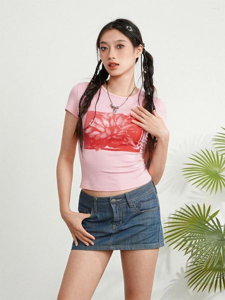 T-shirts pour femmes 2024 à la mode des crop tops d'été Sketch Lotus Imprimé manche courte rond cou bébé streetwear