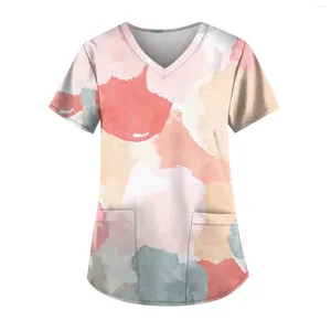 Camisetas para mujer, camisa con estampado Floral, Tops, uniforme de trabajo de verano, Top ajustado de manga corta, uniformes de Ropa de Trabajo de enfermería 2024