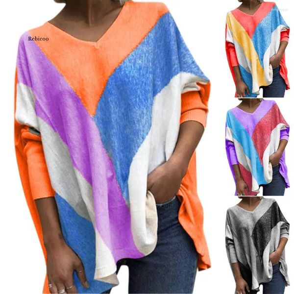 T-shirts féminins 2024 Couleur de contraste Couleur patchwork V-Col à manches longues Casual Casual Basic Splice Band Polyester Tops for Women Vêtements