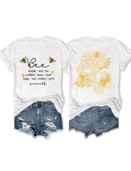 Camisetas para mujer, camiseta informal de vacaciones para mujer, camiseta con estampado de panal de abeja y girasoles de dibujos animados, camiseta para mujer 2024