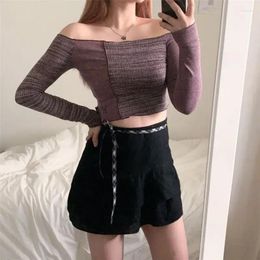 Dames T-shirts 2024 Korea Vlinder Borduren Harajuku Y2k Off-shoulder Top Gothic T-shirt Torticollis Stiksels Korte Lange mouwen Dames