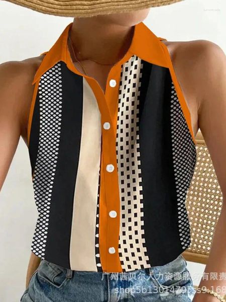 Camisetas de mujer 2024 Top sin mangas con cuello alto estampado naranja