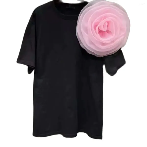 T-shirts Femmes 2024 Col rond T-shirt à manches courtes T-shirt en trois dimensions Big Flower Pin décoratif T-shirt en vrac pour femmes Tops en coton Tees