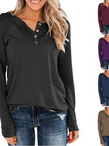 T-shirt tricoté à manches longues et col rond pour femme, haut à boutons, couleur unie, 2024
