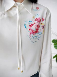 Camisetas para mujeres 2024 Spring 22 mm Camisa estampada de seda de 22 mm Baladronazo Hound White de manga larga Estilo chino Tang