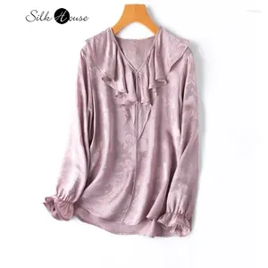T-shirts pour femmes 2024 Spring Natural Mulberry Silk Hualuo Jacquard Satin V-Neck Edge Pink Purple Long à manches longues