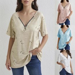 Damen-T-Shirts 2024 Frühjahr/Sommer, kurzärmeliges T-Shirt mit Reißverschluss und Love-Print-Top für Frauen