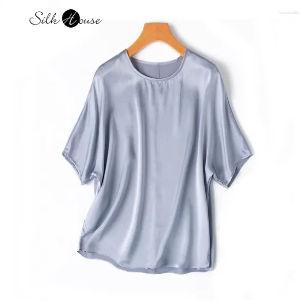 T-shirt manches mi-longues pour femmes, en Satin de soie de mûrier naturel, Texture, gris, bleu, ample, chauve-souris, été 2024, 20MM