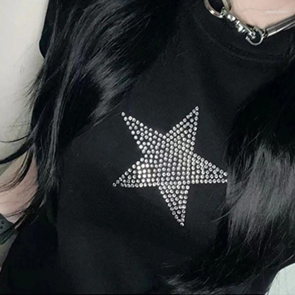 T-shirts pour femmes 2024 Fashion d'été HARAJUKU TOPT TOP STARS RHINATONE E-Girl Black Crops Tops Baby Tee Gothic Y2k Streetwear sexy