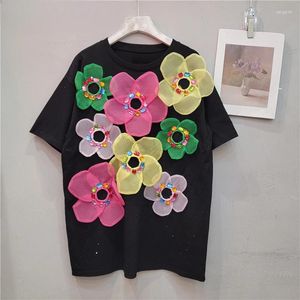 T-shirts pour femmes 2024 Summer Coorean Style Temperament Temproide Drive Couleur T-shirt de fleur tridimensionnel pour les femmes Loose Top