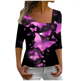 Camisetas para mujer, camiseta de manga larga con estampado de mariposa y cuello Diagonal, blusa Vintage informal holgada a la moda para verano 2024