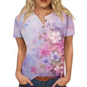 T-shirts pour femmes 2024 Chemisier imprimé d'été Casual Col en V Bouton Poche T-shirt Mode Simple Motif floral Manches courtes Tops Mujer