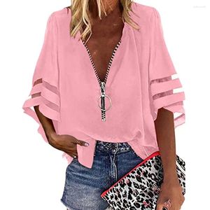 Dames t shirts 2024 zomer shirt sexy kanten patchwork wijd mouw mesh massief blouse dames rits zipper v-neck losse casual tops t-shirt