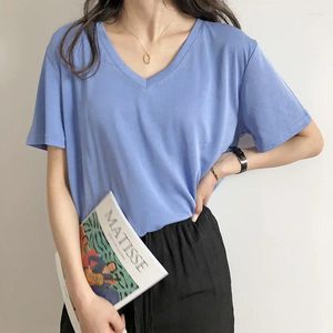 Vrouwen T-shirts 2024 Zomer Tees Katoenmix V-hals Korte Mouw Losse Hoge Kwaliteit Blauw Chic Koreaanse Kleding 007