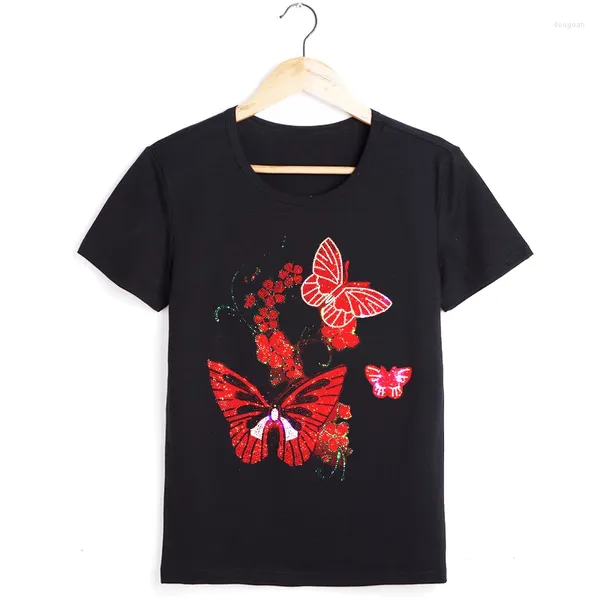 T-shirts pour femmes 2024 TOP d'été Ropa de Mujer manche courte o coule de cou shirt dames t-shirts diamants papillon